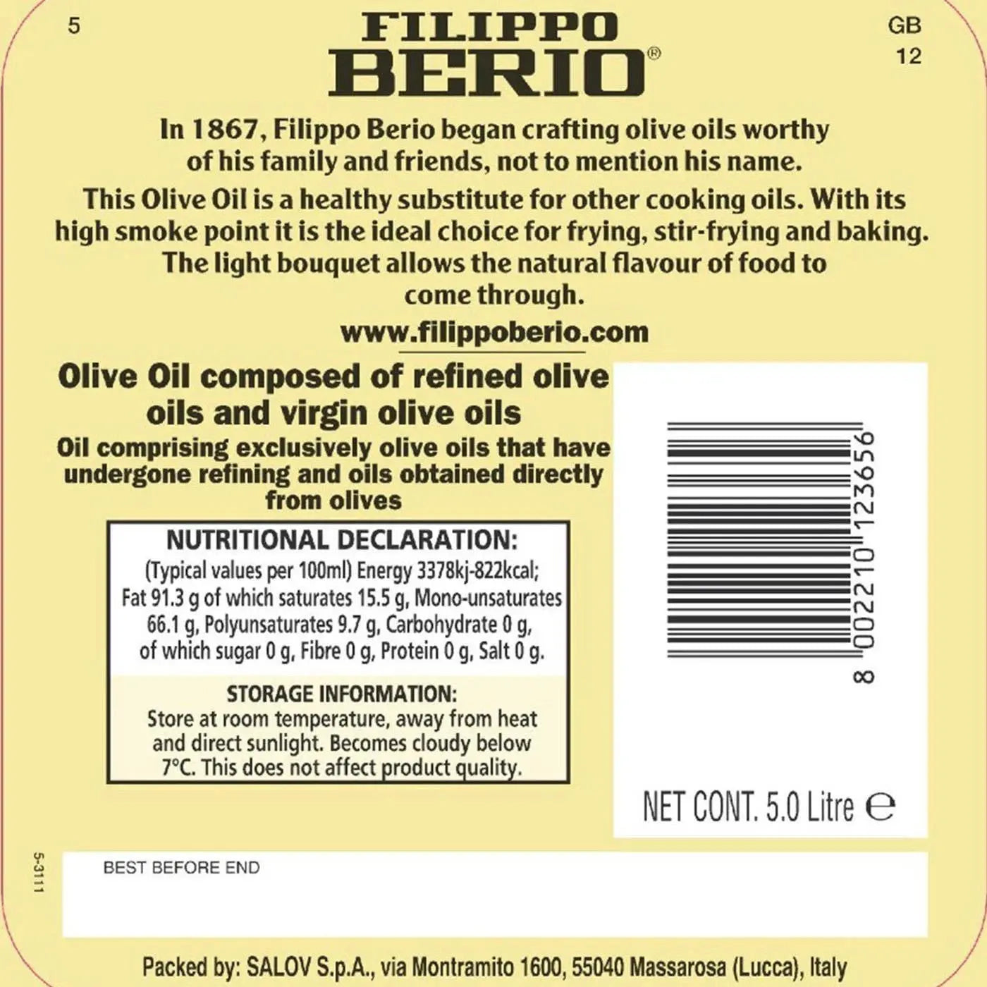 Filippo Berio Mild Light Olive Oil 5L Baking Deep Frying Roasting 5L