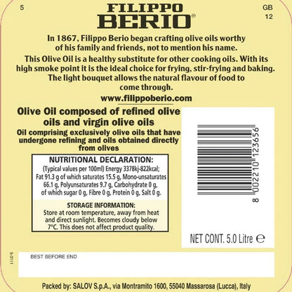 Filippo Berio Mild Light Olive Oil 5L Baking Deep Frying Roasting 5L
