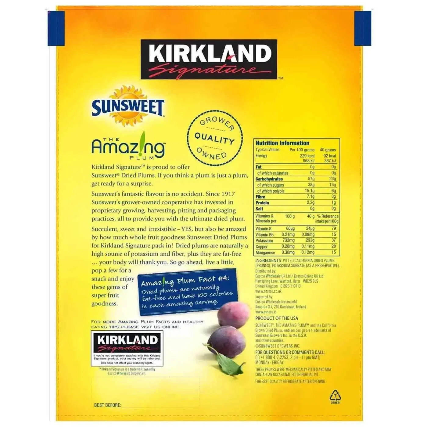 Kirkland Sunsweet Pitted Dried Plums Dry Whole Fruit Prune Pack 1.59kg
