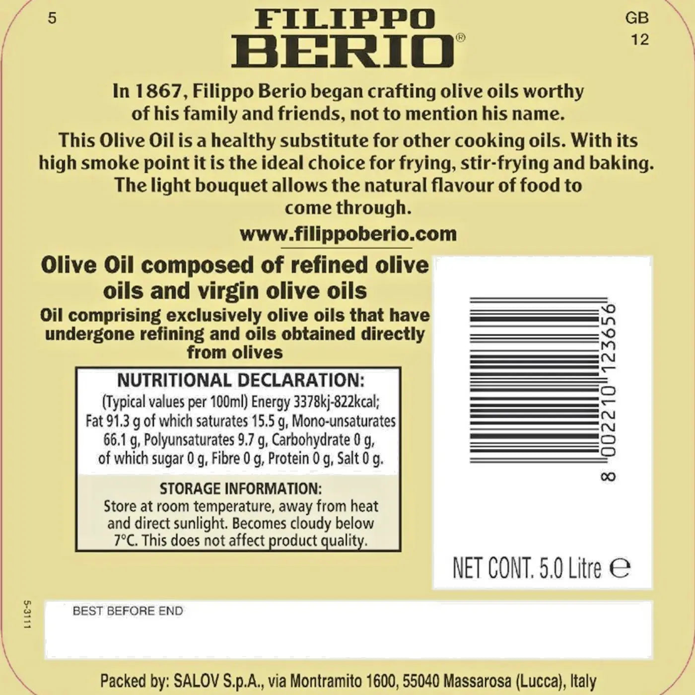 Filippo Berio Mild Light Olive Oil 5L Baking Deep Frying Roasting 5L