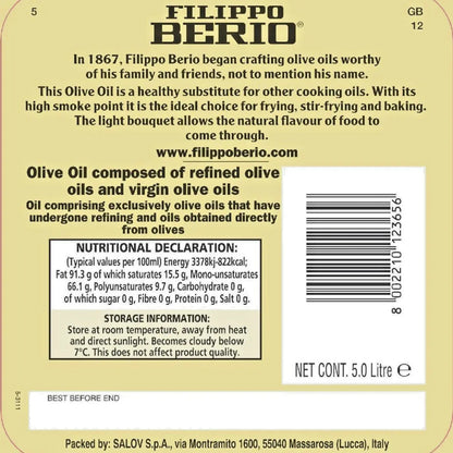 Filippo Berio Mild Light Olive Oil 5L Baking Deep Frying Roasting 5L