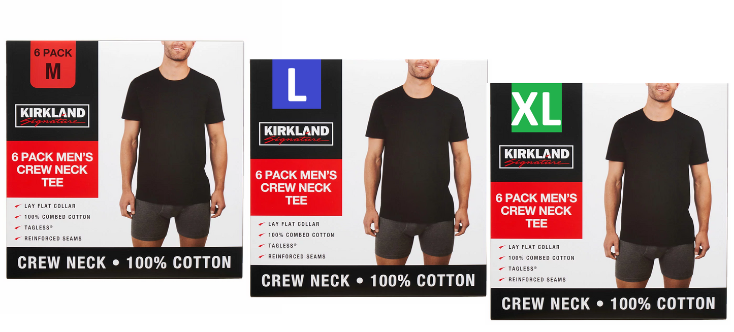 Kirkland Signature Men’s Cotton Crew Neck White T-Shirts 6 Pack M L XL Soft Kirkland